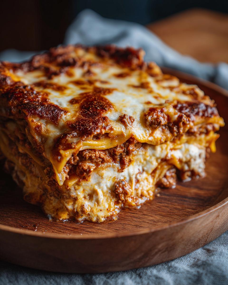 A generous slice of creamy baked spaghetti casserole, layered with meat sauce and melted cheese, served on a wooden plate.
