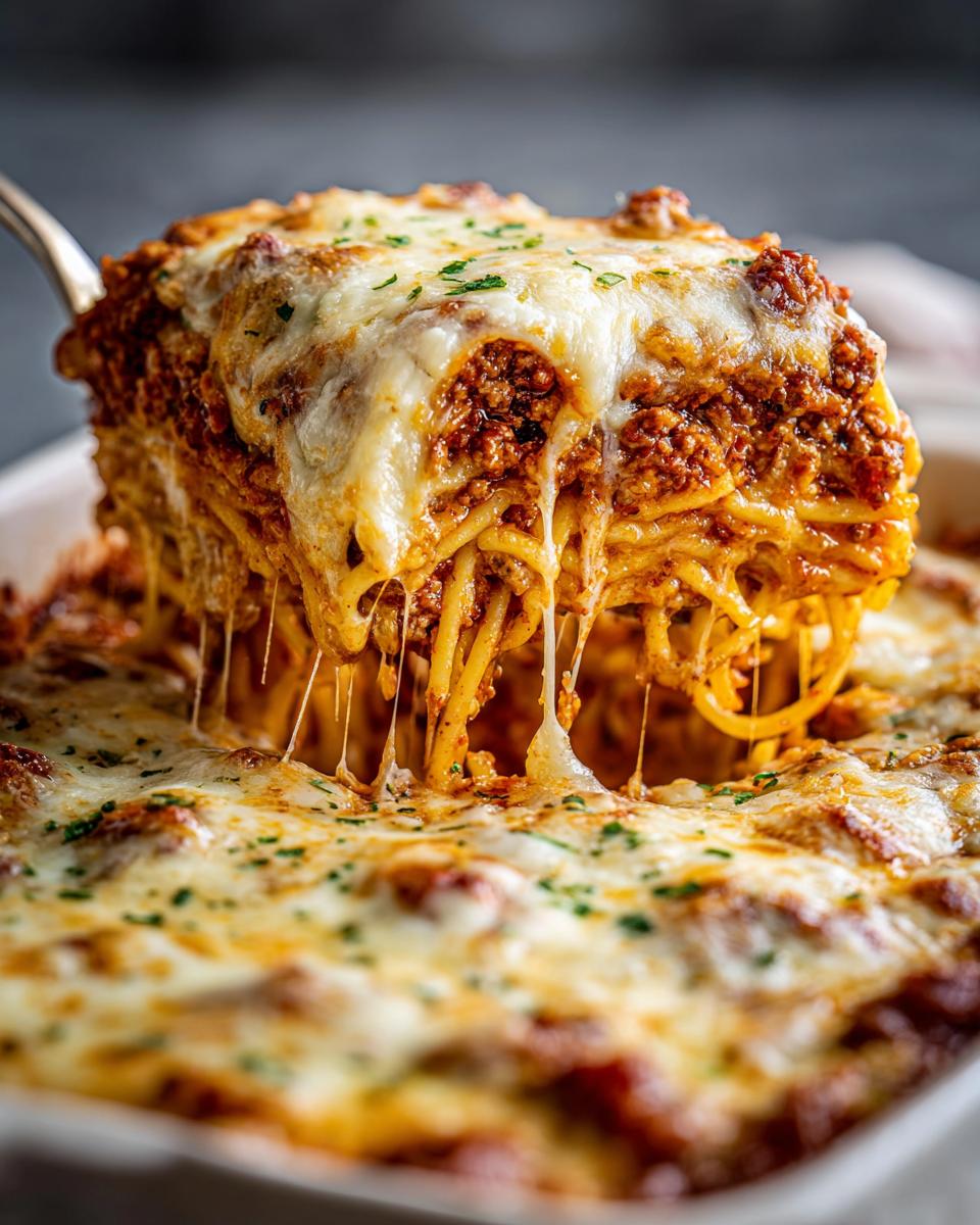 A serving spoon lifts a cheesy slice of creamy baked spaghetti casserole, with melted cheese strings stretching.