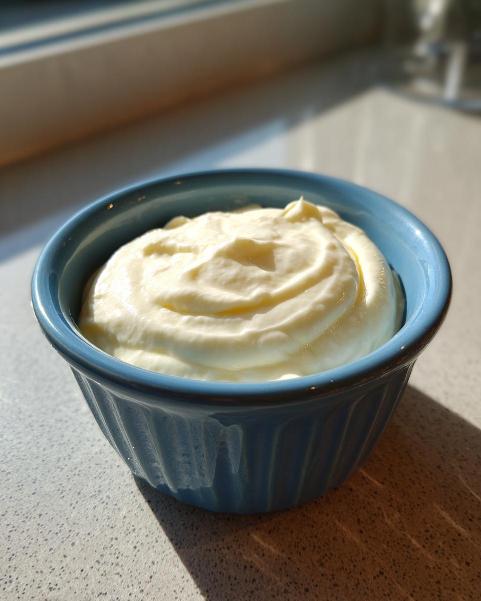 Close-up of rich, creamy garlic aioli in a blue ramekin, ready to be served.