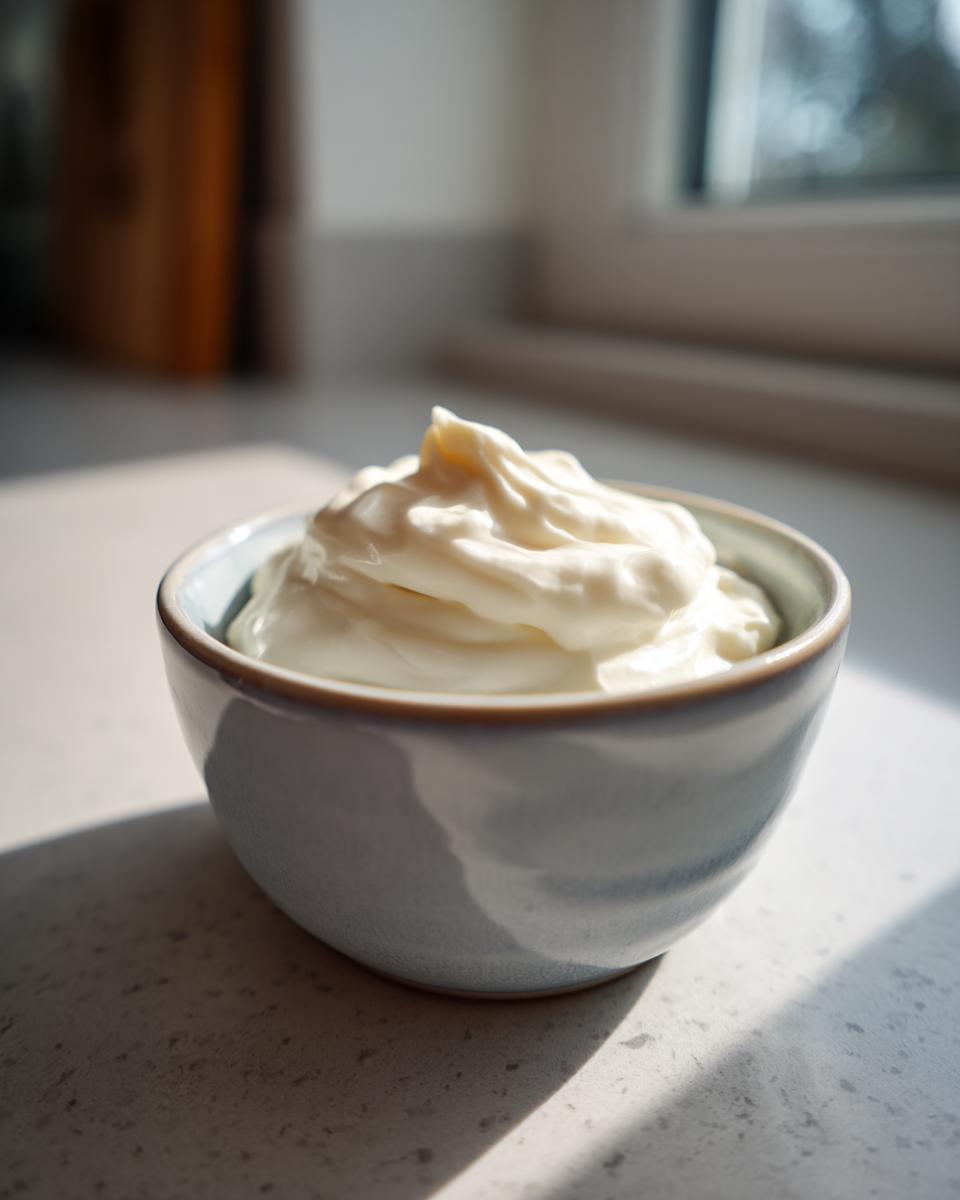 A close-up shot of a bowl filled with creamy garlic aioli, ready to be served.
