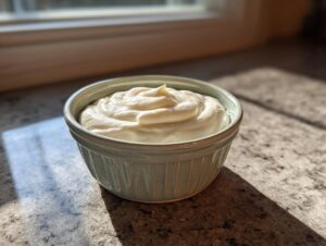 A light blue ramekin filled with smooth, creamy garlic aioli, bathed in sunlight.