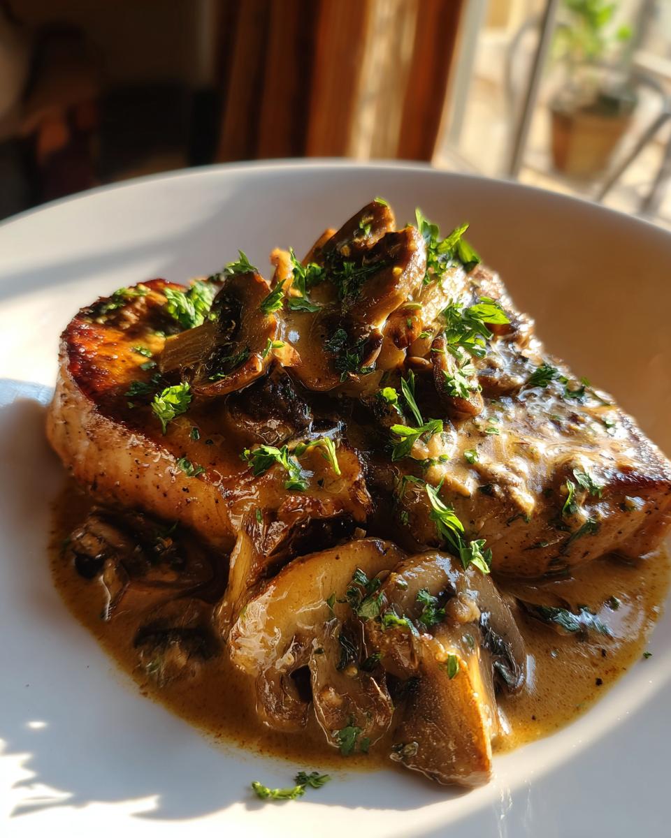 A close-up of juicy creamy garlic parmesan pork chops topped with sautéed mushrooms and fresh parsley.