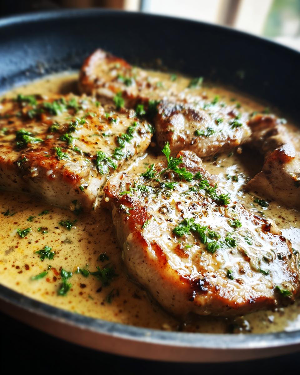 Close-up of pan-fried creamy garlic parmesan pork chops topped with fresh parsley.