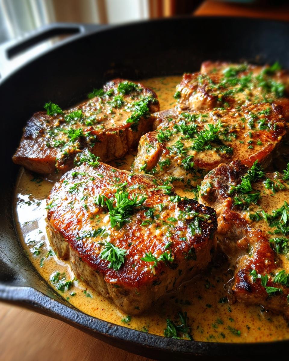 Close-up of juicy, pan-seared creamy garlic parmesan pork chops in a rich sauce, garnished with fresh parsley.