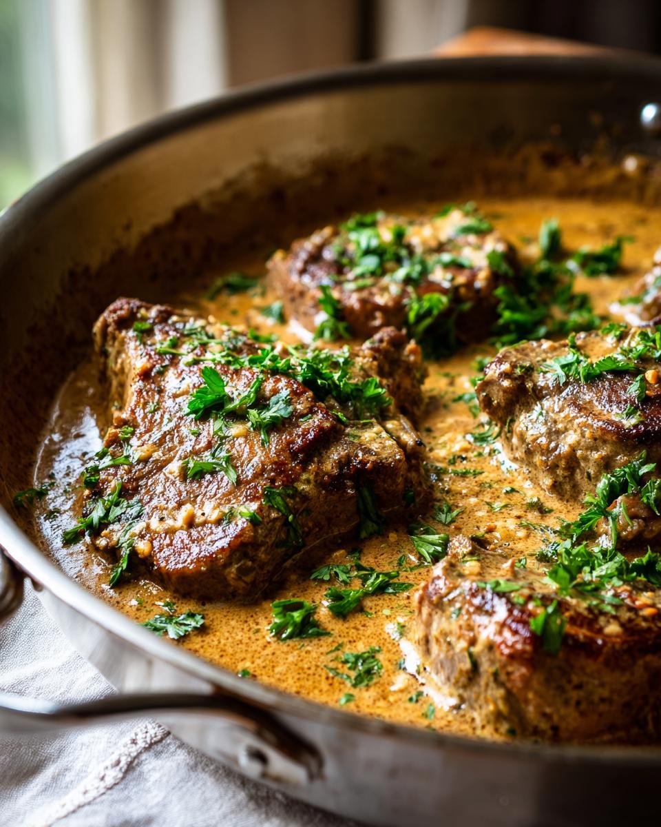 Close-up of tender creamy garlic parmesan pork chops simmering in a rich sauce, garnished with fresh parsley.