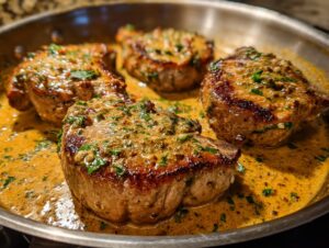 Four juicy creamy garlic parmesan pork chops simmering in a rich, golden sauce with fresh parsley.