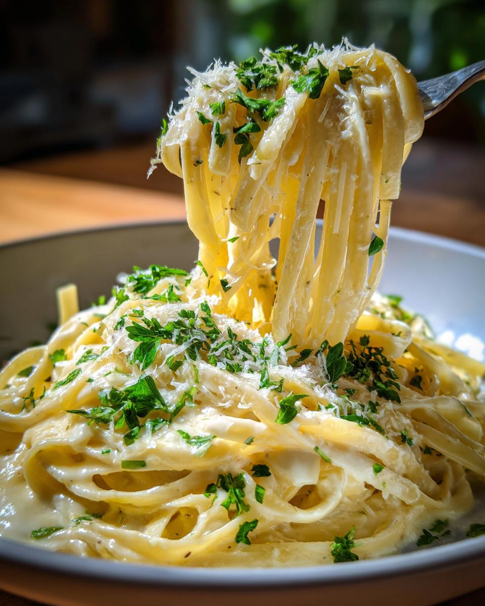 A fork lifts a generous portion of creamy lemon pasta, garnished with fresh parsley and grated Parmesan cheese.