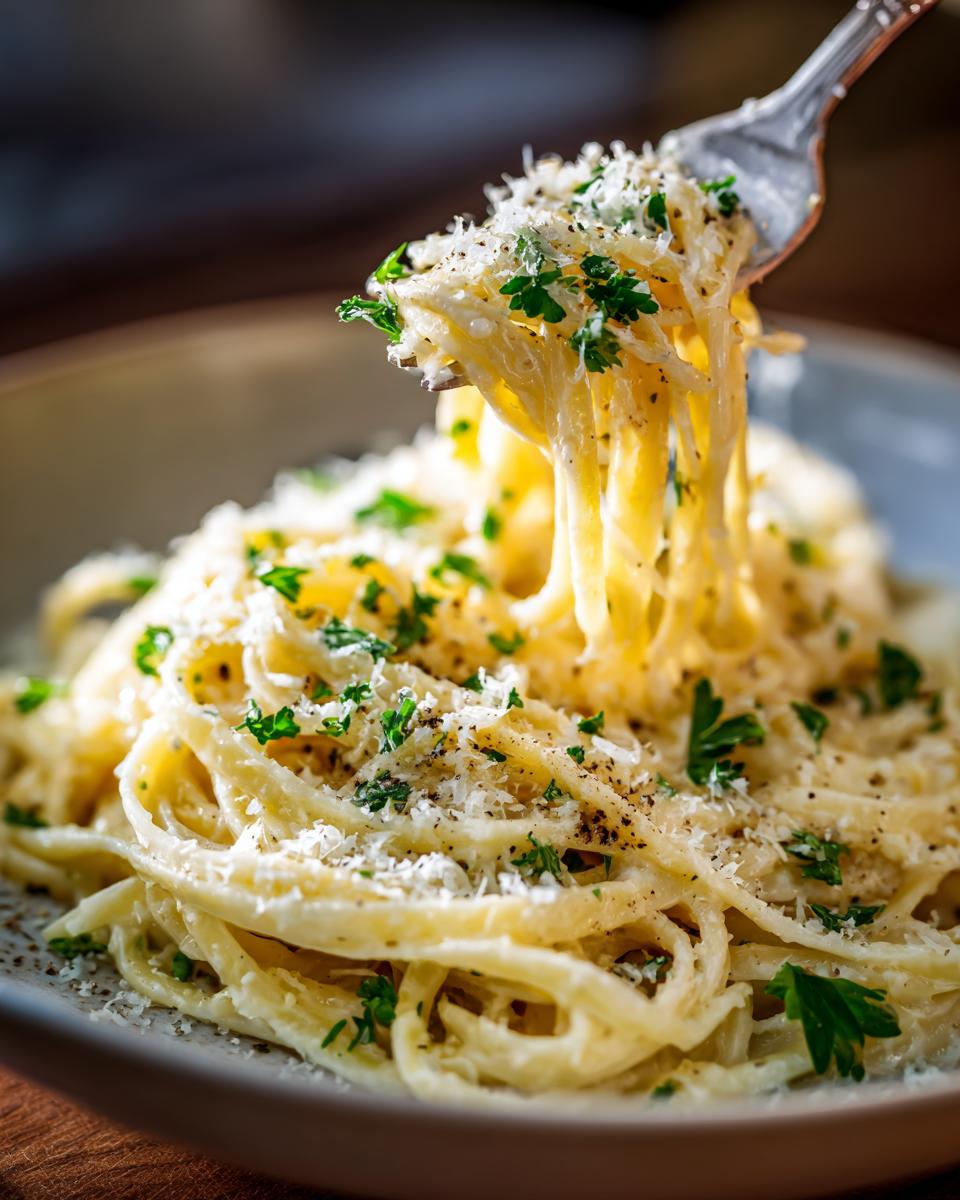 A fork lifting a swirl of Creamy Lemon Pasta, topped with grated Parmesan cheese and fresh parsley.