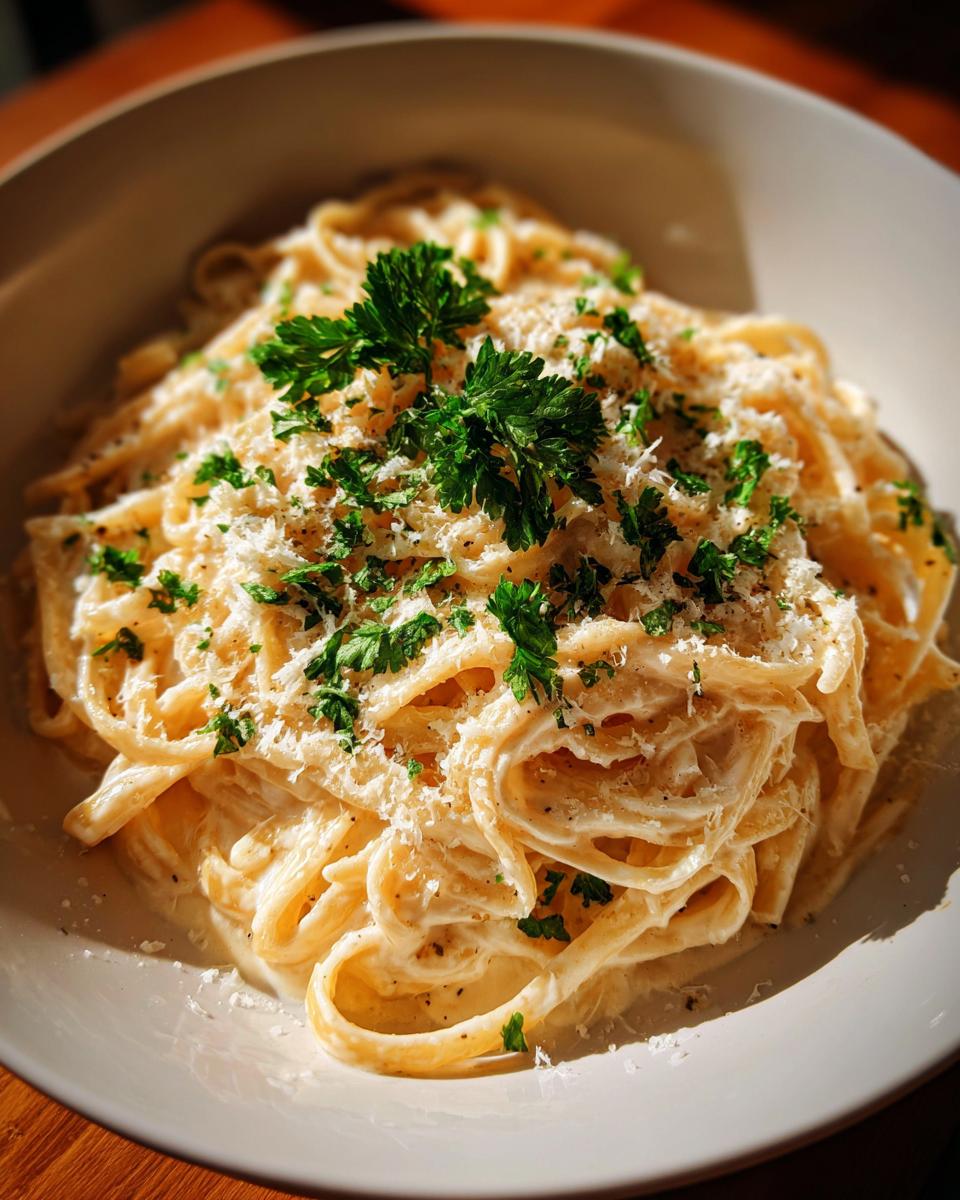 A close-up of a bowl of creamy lemon pasta, garnished with fresh parsley and grated Parmesan cheese.