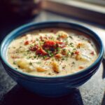 A close-up of a blue bowl filled with creamy potato hamburger soup, topped with crispy bacon and chives.