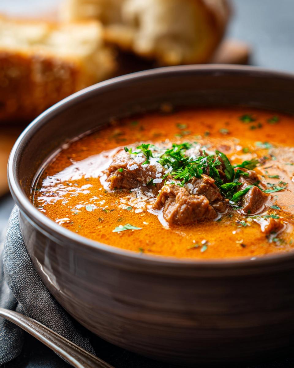 A close-up of a bowl of creamy potato hamburger soup, featuring tender beef chunks and fresh parsley garnish.