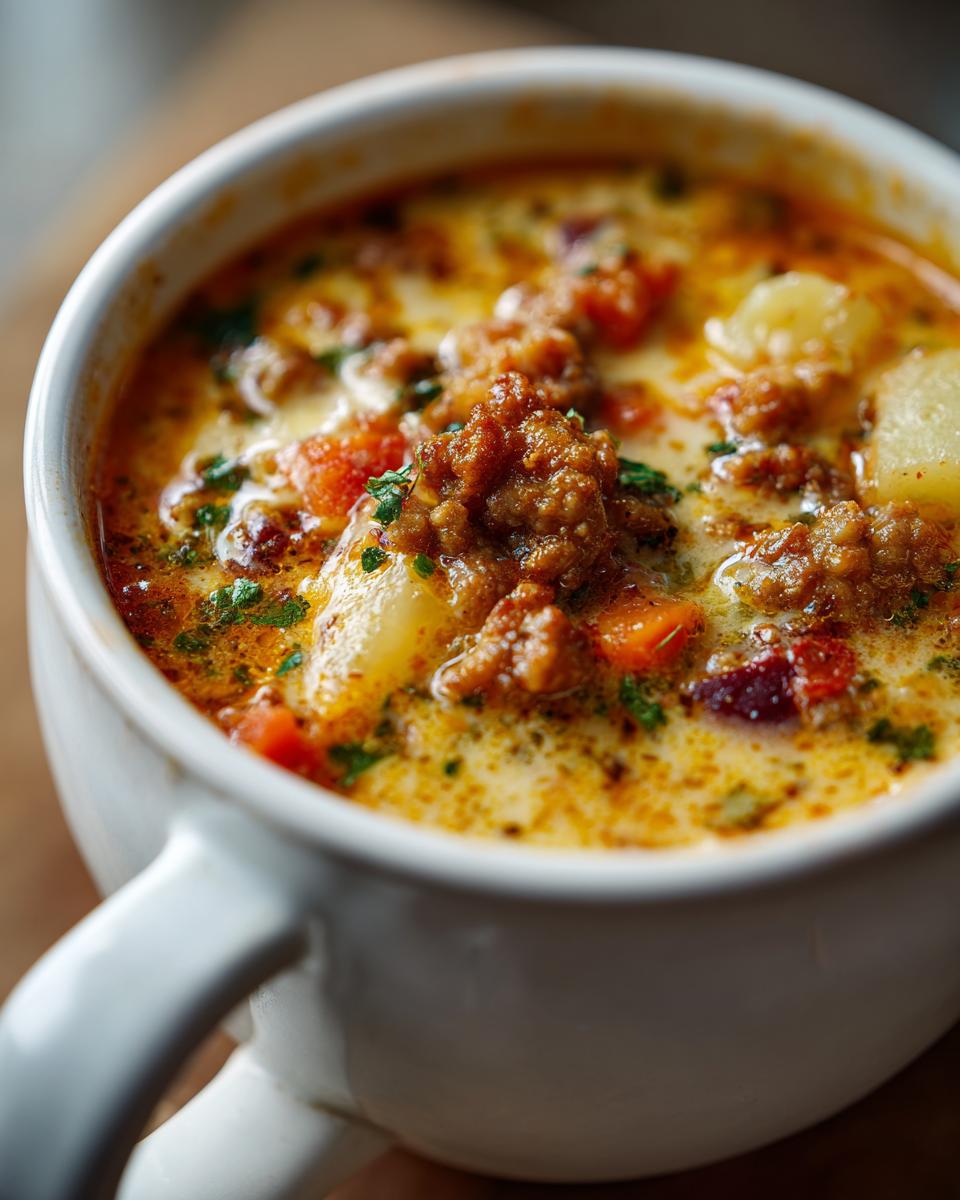 Close-up of a steaming bowl of creamy potato hamburger soup with chunks of potato, ground beef, and herbs.