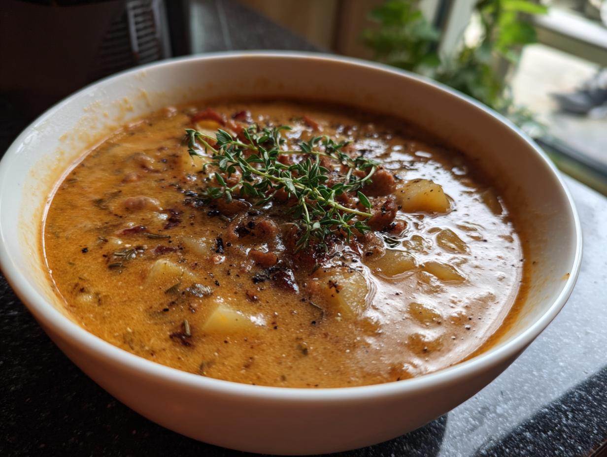A close-up of a hearty bowl of creamy potato hamburger soup, garnished with fresh herbs.