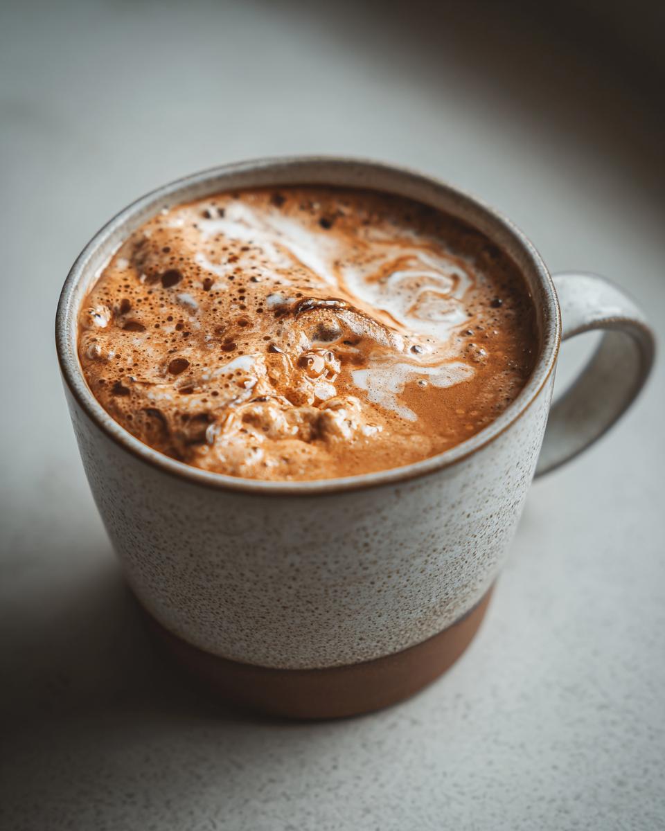 A close-up of a mug filled with creamy potato hamburger soup, showing a rich, frothy texture.