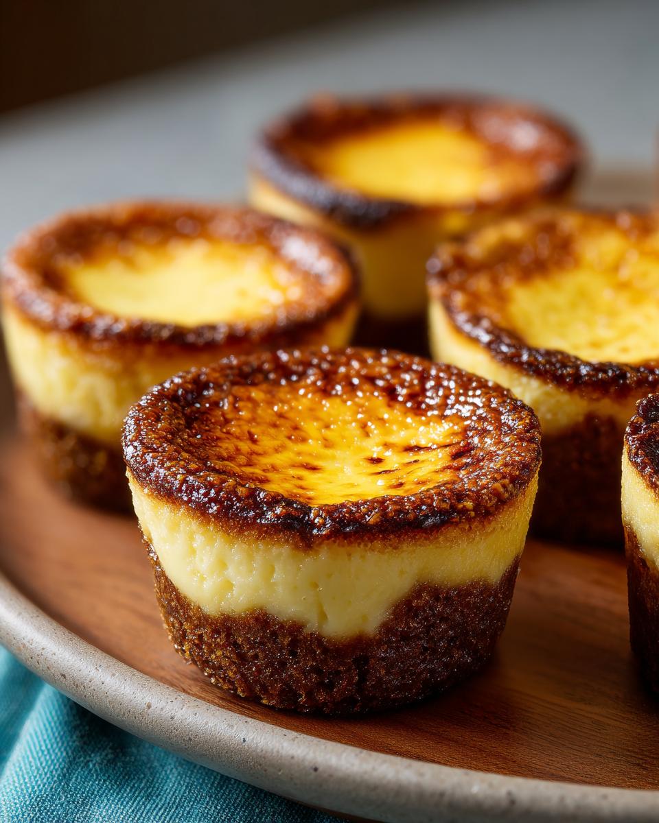 Close-up of several creme brulee cheesecake cupcakes with a caramelized sugar topping on a wooden plate.