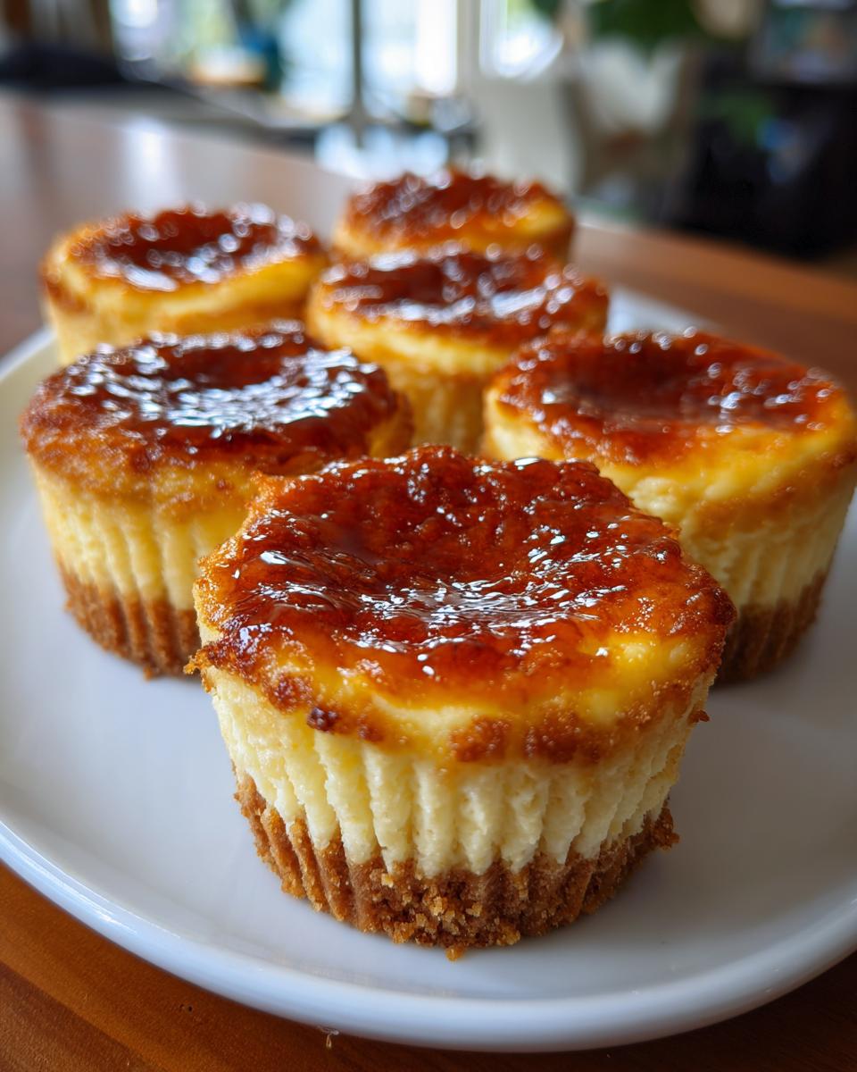A close-up of several creme brulee cheesecake cupcakes on a white plate, featuring a caramelized sugar topping.
