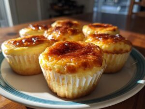 A plate of six creme brulee cheesecake cupcakes with a caramelized sugar topping.