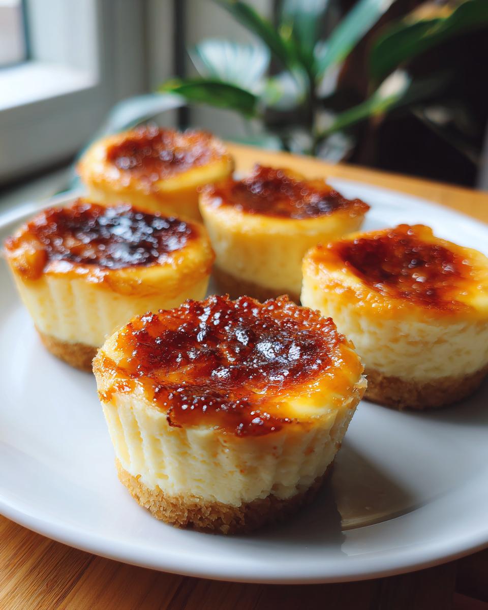 A plate of delicious creme brulee cheesecake cupcakes with a caramelized sugar topping.