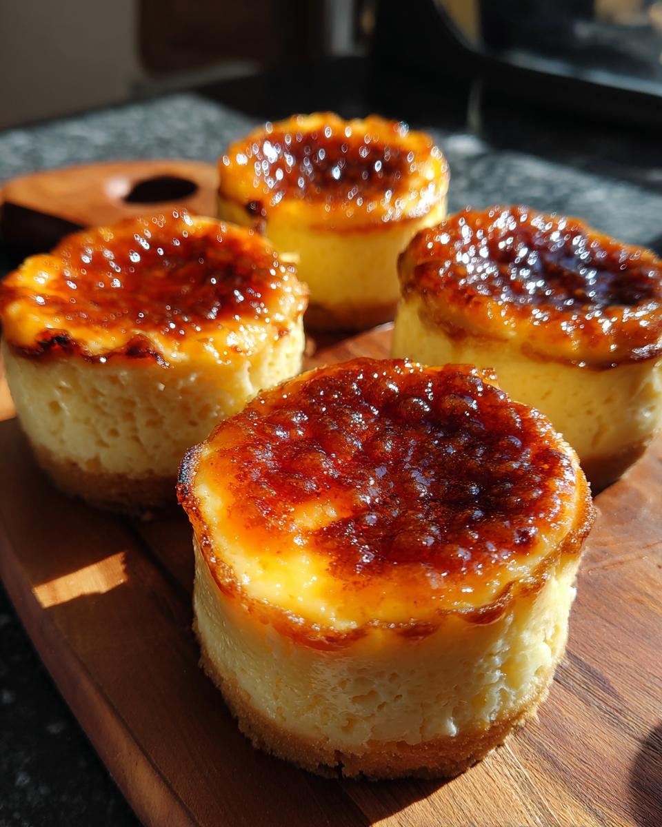 Four creme brulee cheesecake cupcakes with a perfectly caramelized sugar topping, arranged on a wooden board.