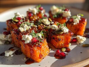 Close-up of crispy butternut squash bites topped with cheese, pomegranate seeds, and herbs.