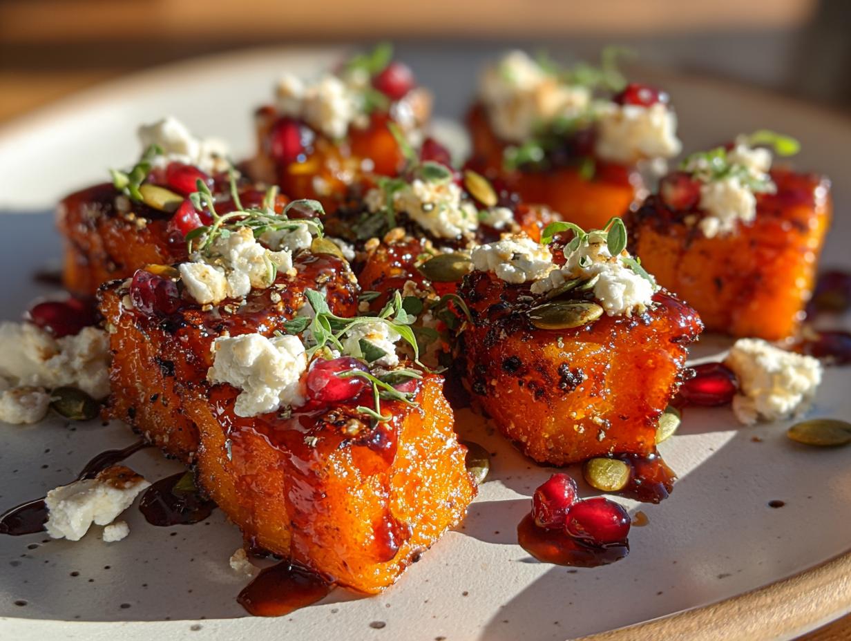 Close-up of crispy butternut squash bites topped with cheese, pomegranate seeds, and herbs.