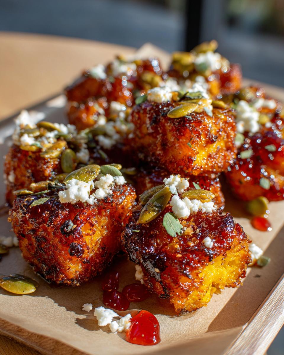 Close-up of crispy butternut squash bites topped with crumbled feta cheese, pumpkin seeds, and a glossy glaze.