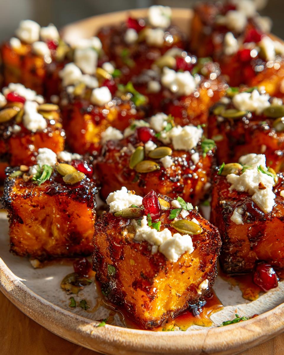 Close-up of crispy butternut squash bites topped with feta cheese, pomegranate seeds, and pumpkin seeds.