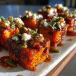 Close-up of crispy butternut squash bites topped with feta cheese, pumpkin seeds, and herbs.