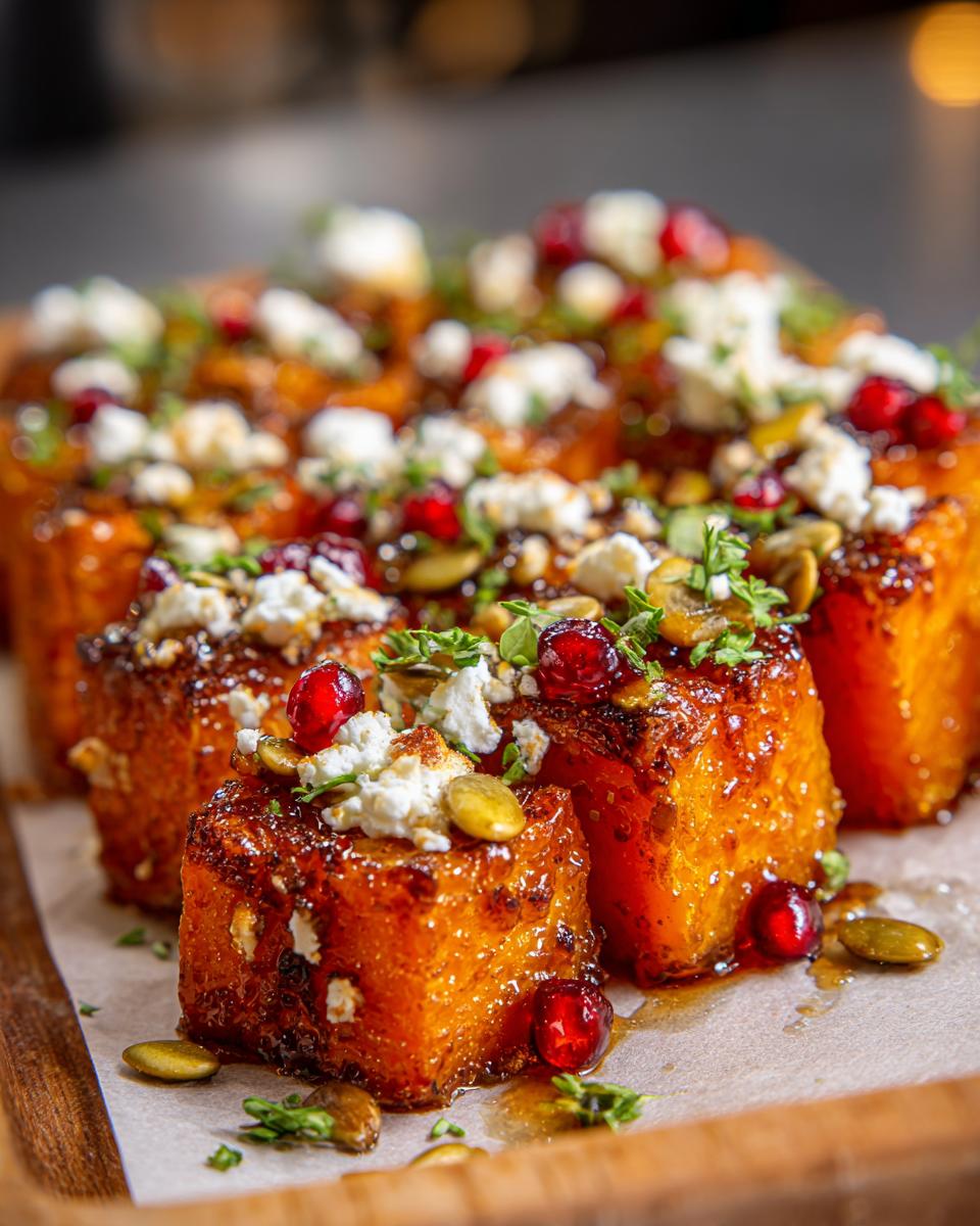 Close-up of crispy butternut squash bites topped with feta cheese, pomegranate seeds, pumpkin seeds, and herbs.