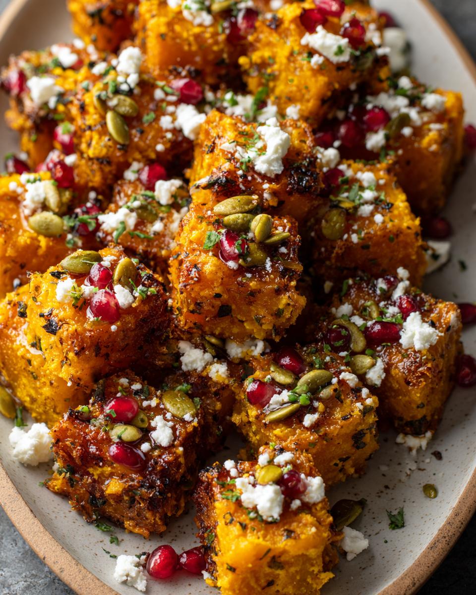Close-up of delicious crispy butternut squash bites topped with crumbled feta, pomegranate seeds, and pumpkin seeds.