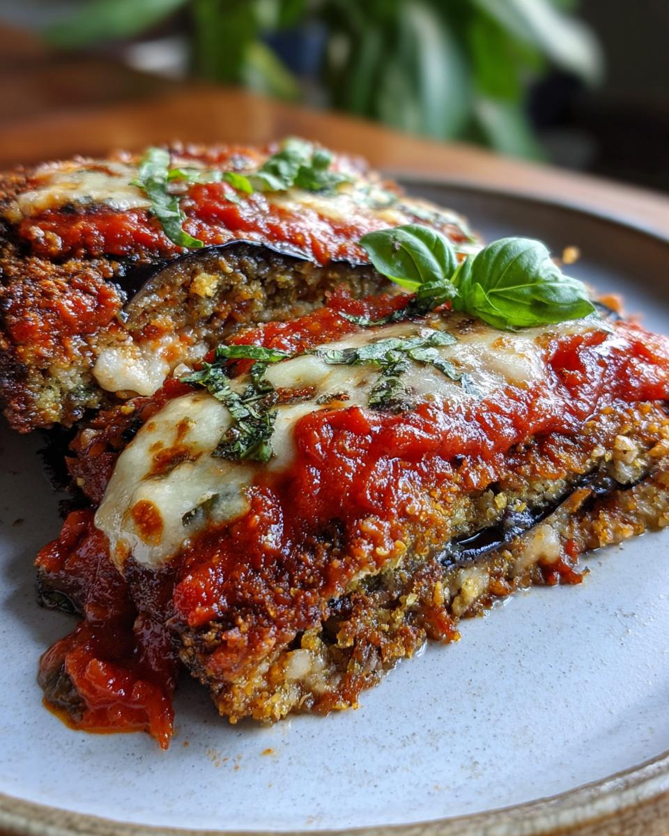 Close-up of two stacked slices of crispy Eggplant Parmesan, topped with marinara sauce, melted mozzarella, and fresh basil.