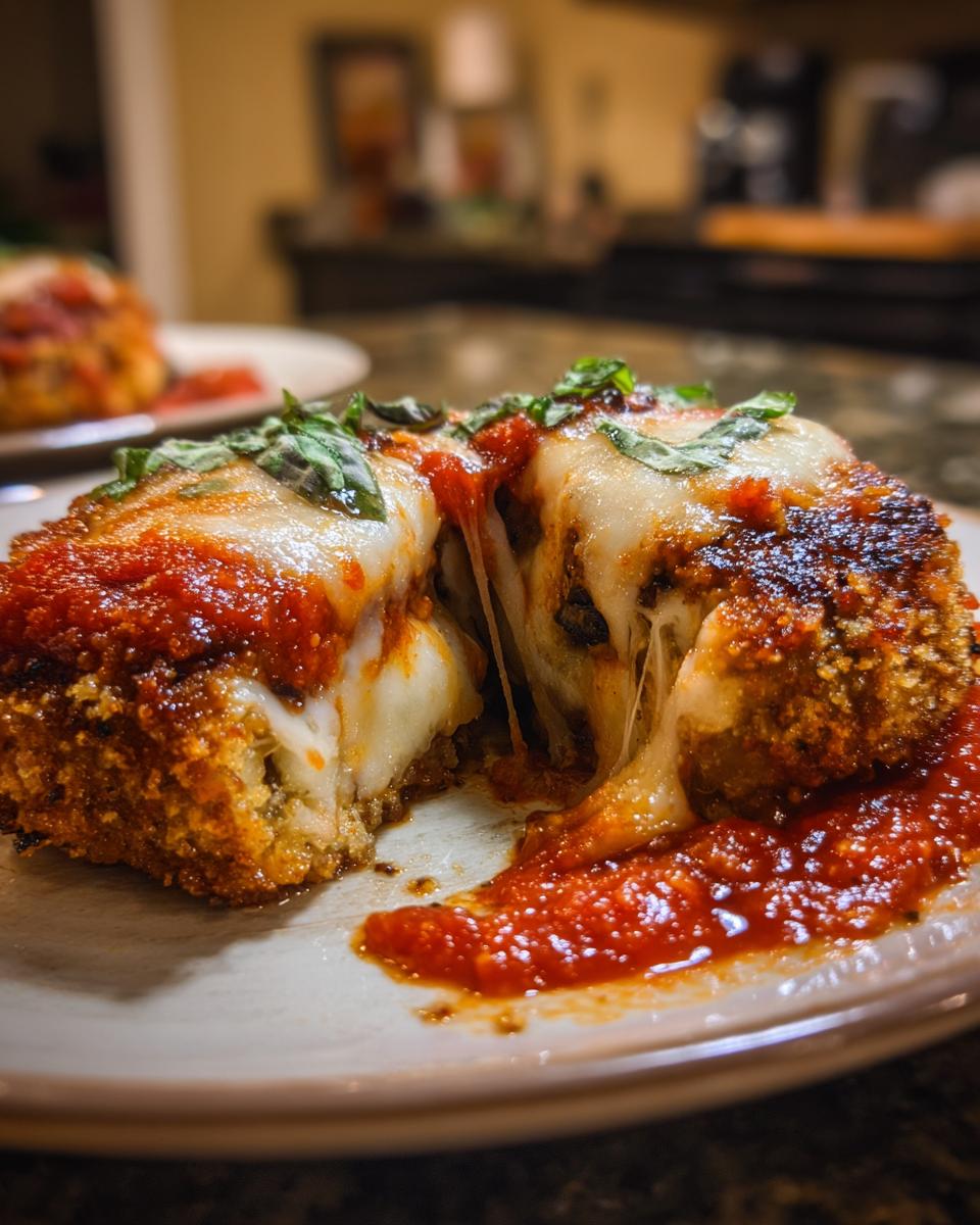 A close-up of a serving of crispy Eggplant Parmesan, split open to reveal gooey melted mozzarella cheese and marinara sauce, garnished with fresh basil.