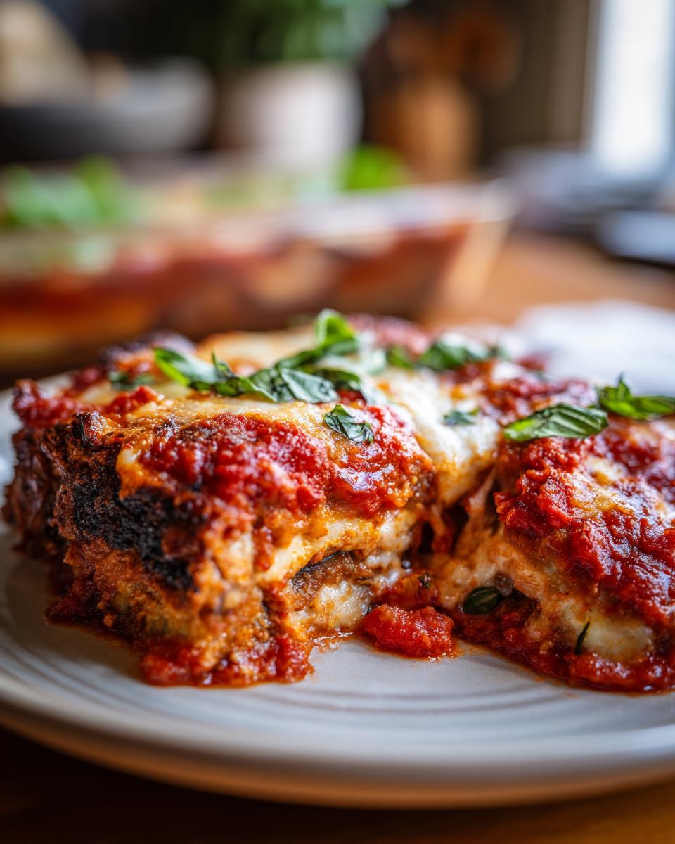 A close-up of a delicious slice of crispy Eggplant Parmesan, topped with melted cheese and fresh basil.