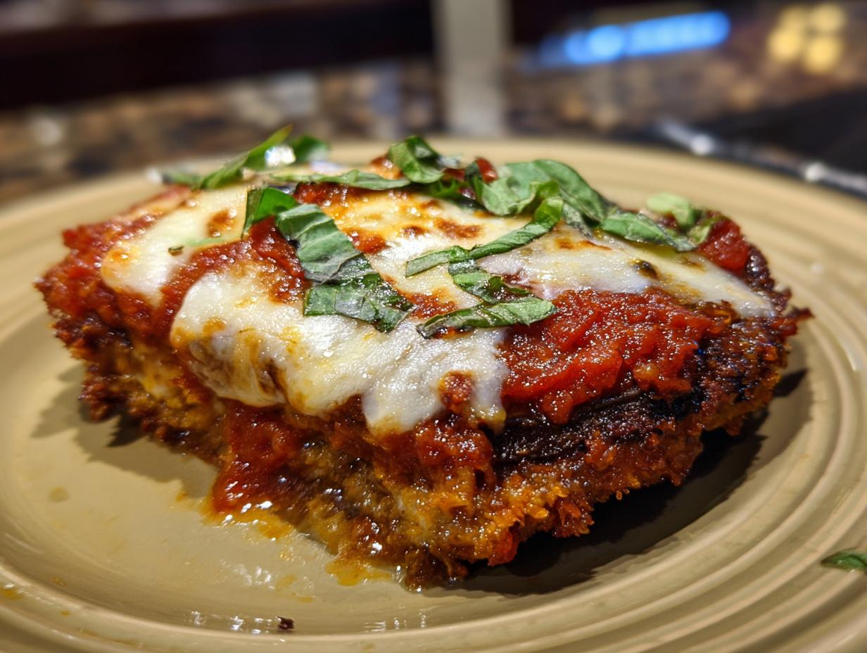 A close-up of a crispy slice of Eggplant Parmesan, topped with melted mozzarella cheese and fresh basil.