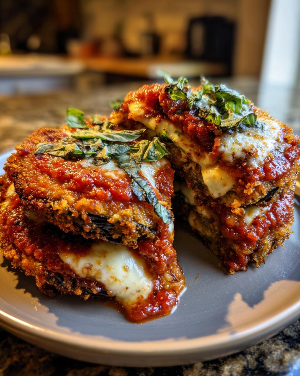 Close-up of a stack of crispy Eggplant Parmesan slices, layered with melted mozzarella cheese and marinara sauce, topped with fresh basil.