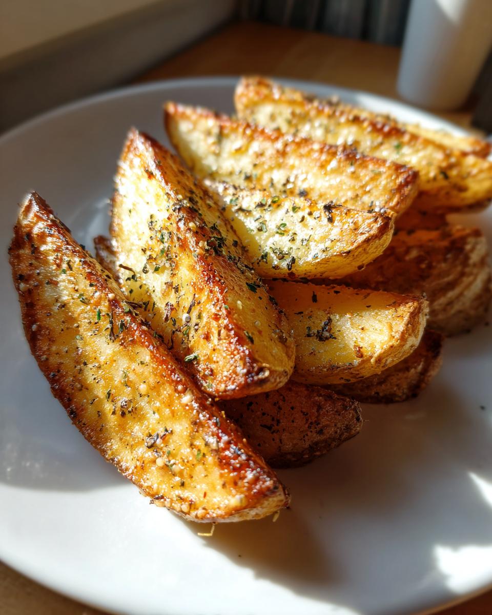 A close-up of golden brown crispy potato wedges seasoned with herbs and spices on a white plate.