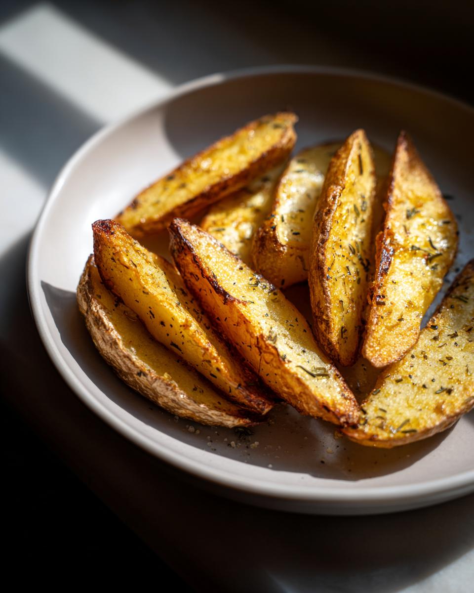 A close-up of golden brown crispy potato wedges seasoned with herbs, served on a light grey plate.