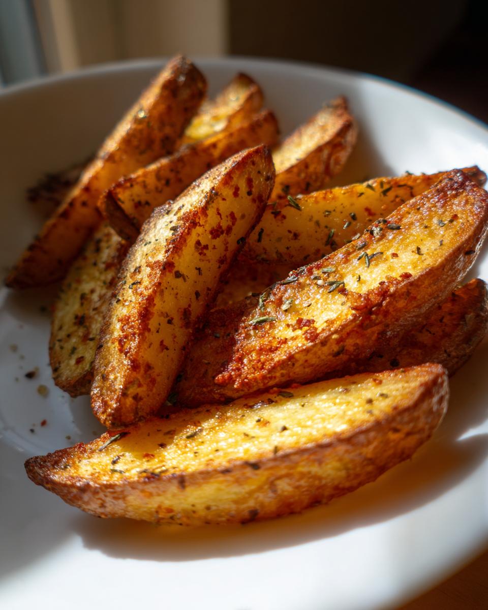 A close-up of golden brown crispy potato wedges seasoned with herbs and spices, served in a white bowl.