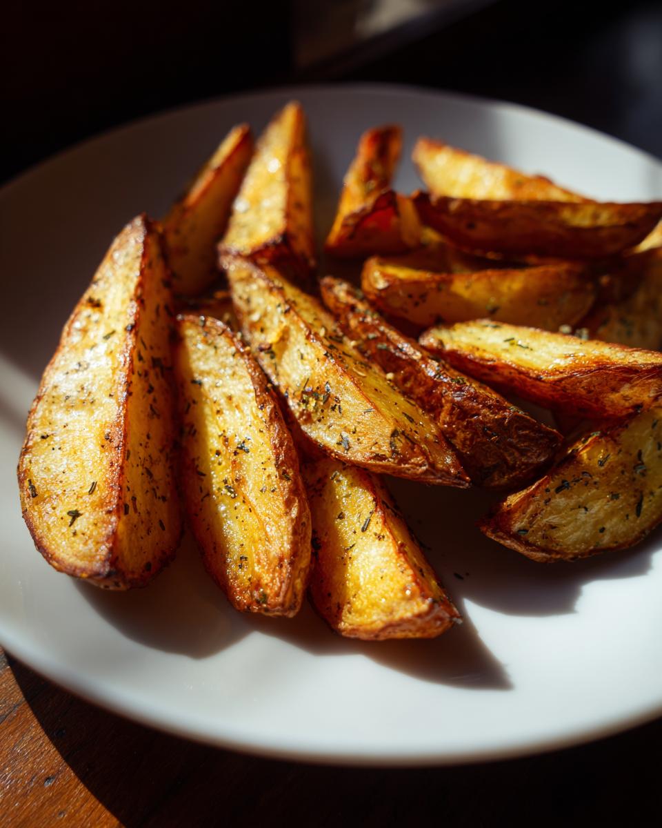A close-up of golden-brown crispy potato wedges seasoned with herbs on a white plate.