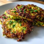 Close-up of golden-brown zucchini fritters topped with fresh chives on a white plate.