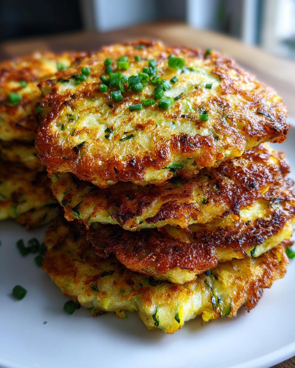 A stack of golden-brown, crispy zucchini fritters topped with fresh chives.