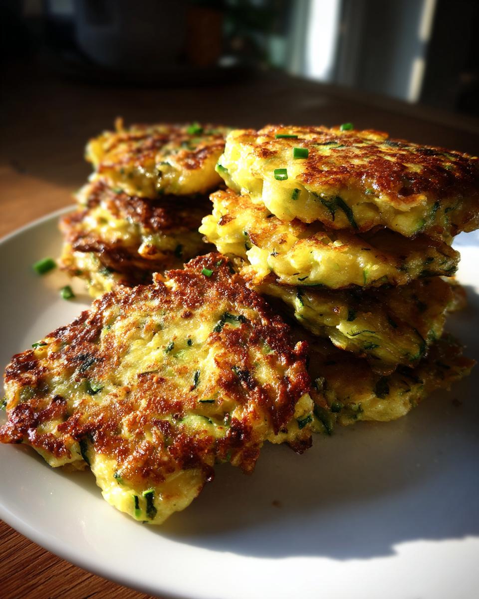 A stack of golden-brown, crispy zucchini fritters garnished with fresh chives, ready to be served.