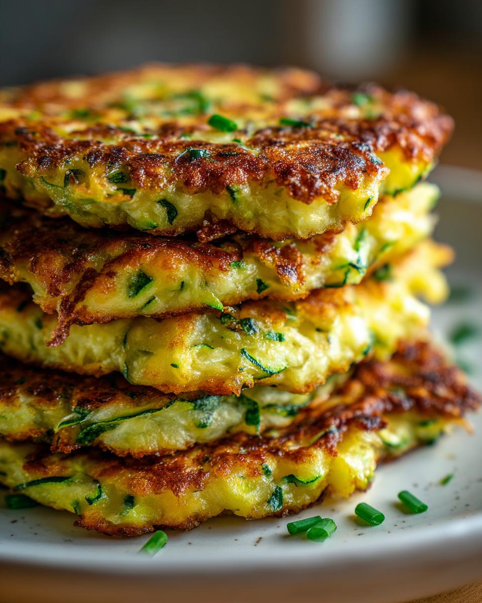 A close-up, stacked pile of golden brown zucchini fritters, garnished with chopped chives.