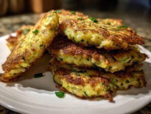 A close-up stack of golden brown, crispy zucchini fritters, garnished with chopped green onions.