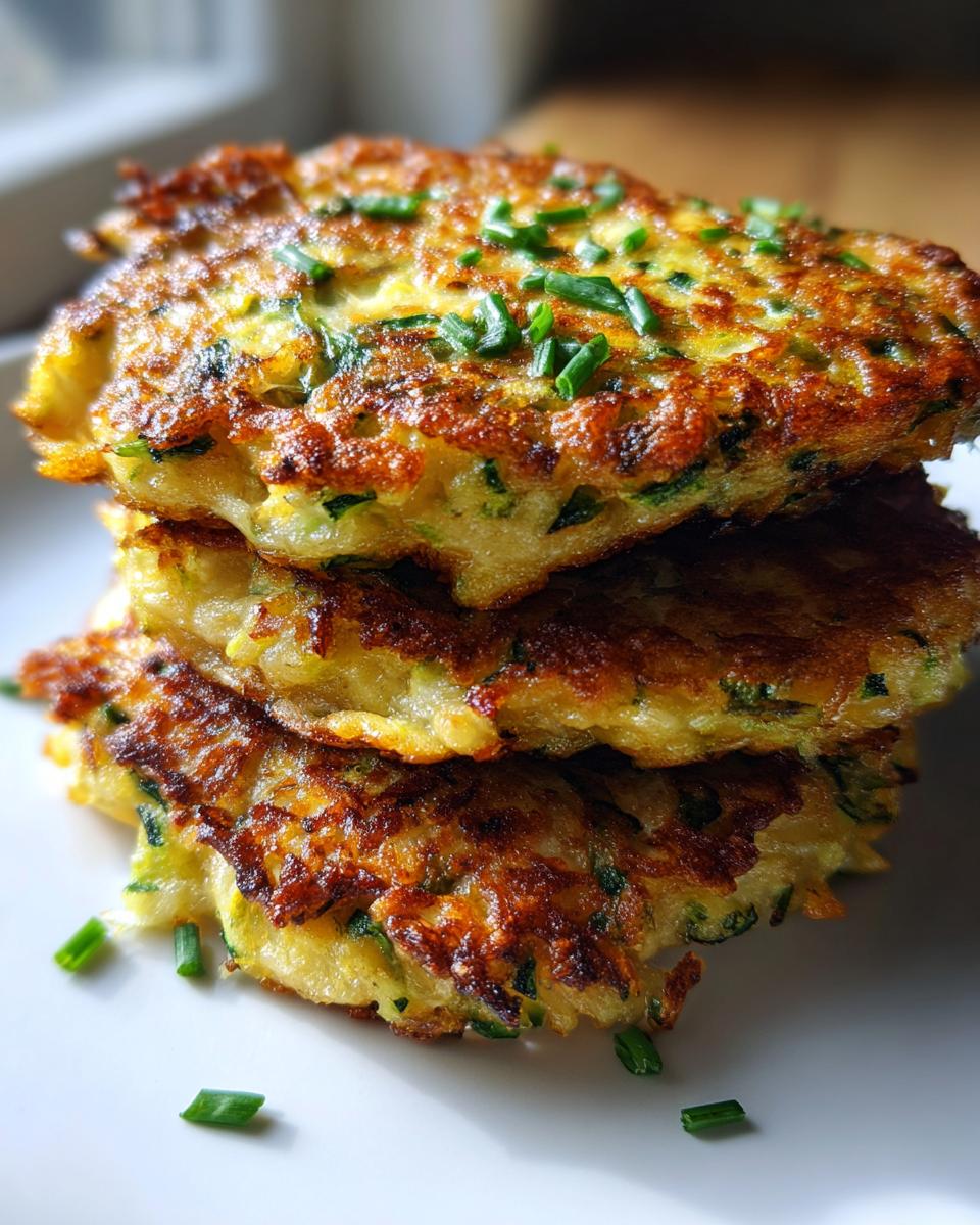 A stack of golden-brown zucchini fritters, garnished with fresh chives, showcasing their crispy edges.