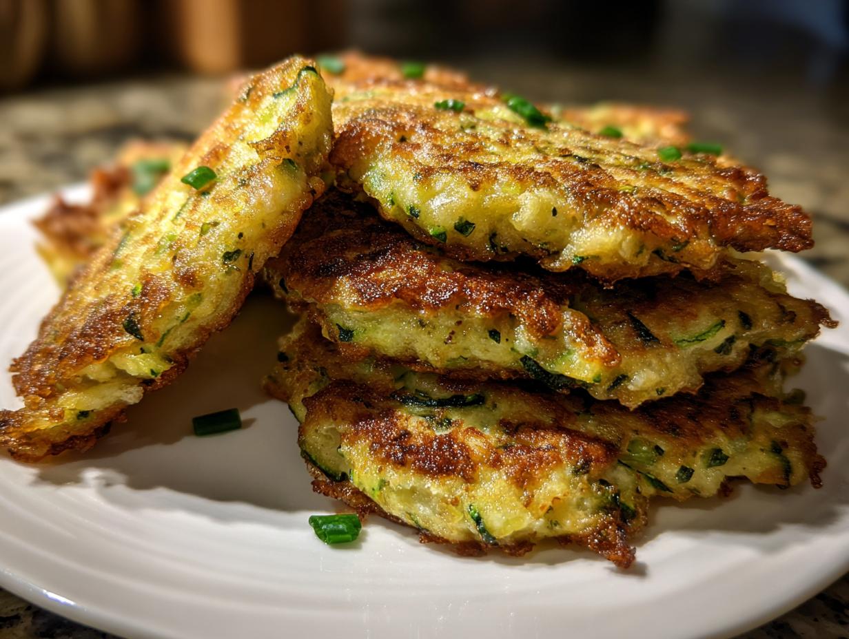 A close-up stack of golden brown, crispy zucchini fritters, garnished with chopped green onions.