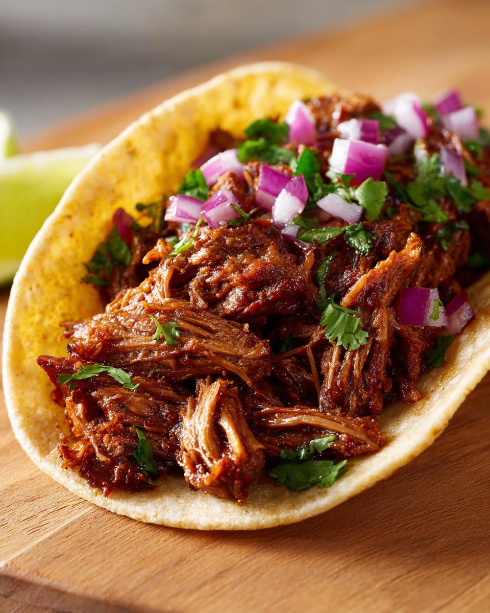 A close-up of a delicious crock pot shredded beef taco, topped with diced red onion and fresh cilantro.