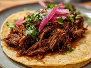 Close-up of a delicious crock pot shredded beef taco on a corn tortilla, topped with pickled red onions and cilantro.