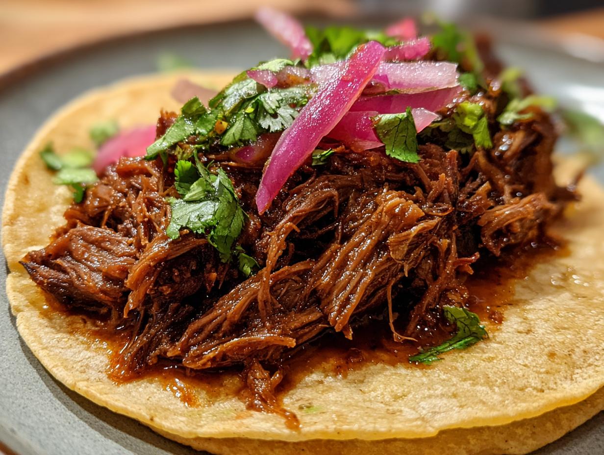 Close-up of a delicious crock pot shredded beef taco on a corn tortilla, topped with pickled red onions and cilantro.