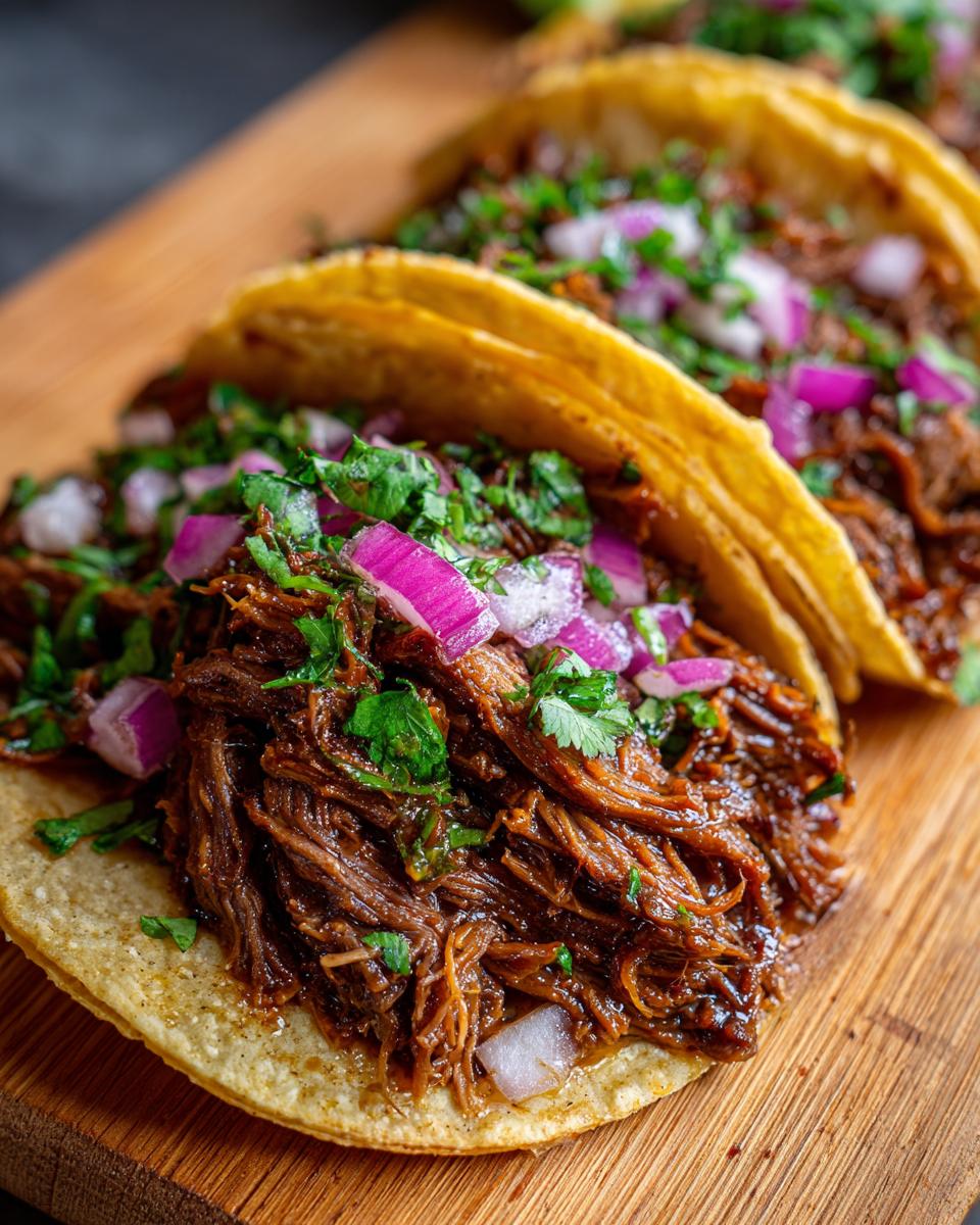 Close-up of delicious crock pot shredded beef tacos topped with fresh cilantro and diced red onion on a wooden board.